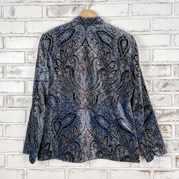 Coldwater Creek Boho Blue and Brown Velvet Burnout Mock Neck Blazer L - Picture 6 of 12